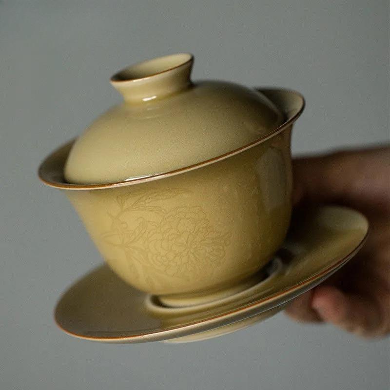 150ml Ding Kiln Yellow Folded Branch Handmade Relief Gaiwan Handmade Tea Tureen Bowl With Lid Kit Maker Cover Bowl Tea