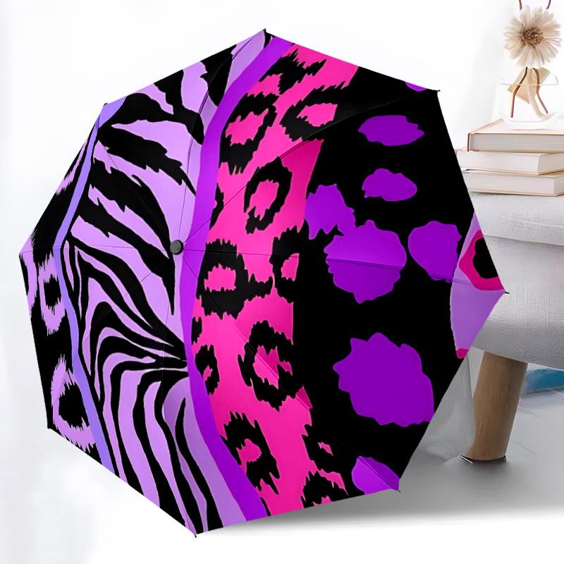 1pc Animal Prints Zebra and Leopard Patterns Automatic Folding Umbrella - Compact 8-Rib Design, Durable Plastic & Iron, Lightweight Daily Use094