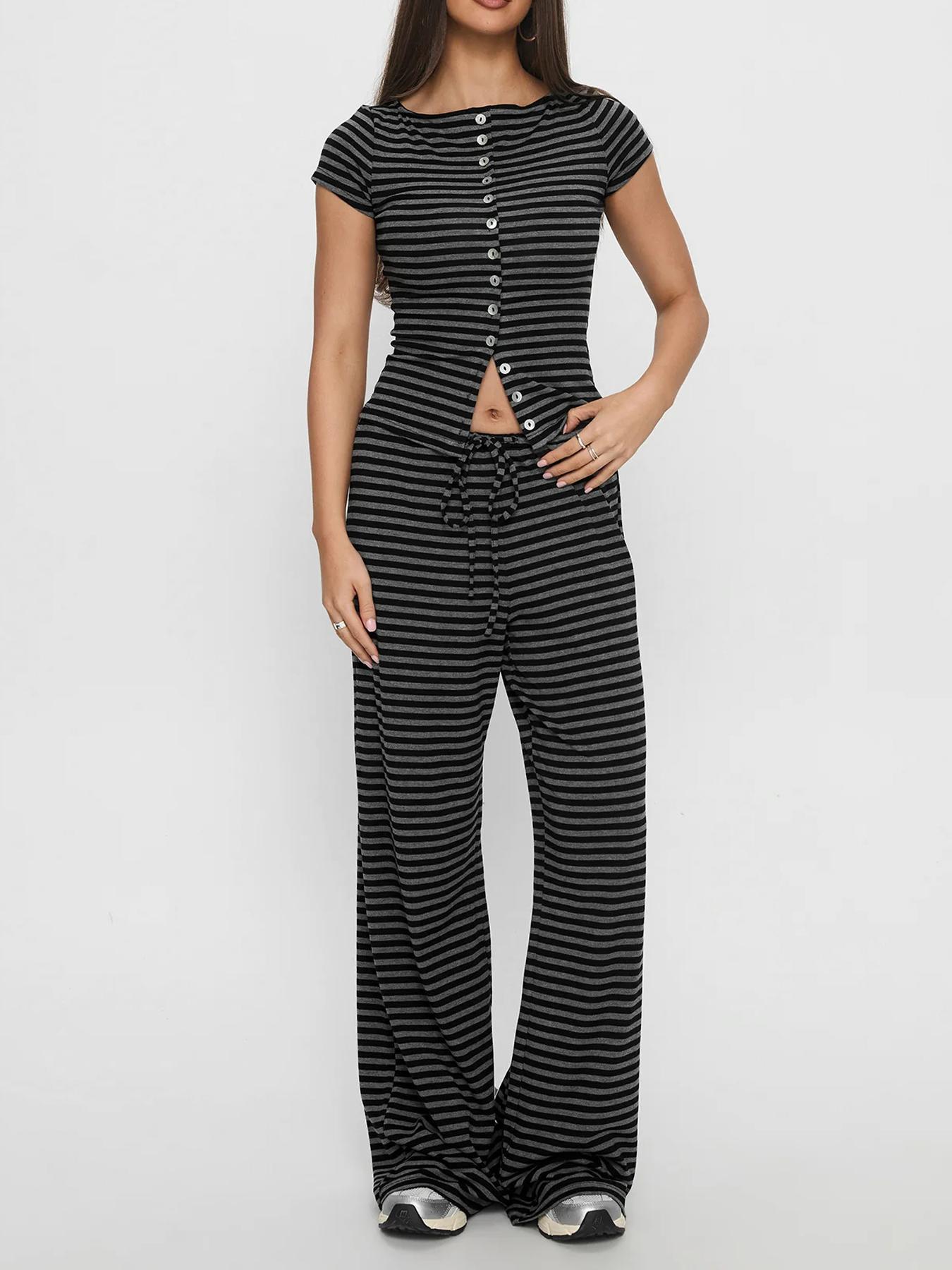 2026 Women s Striped Button-Up Top & Loose Pants Casual Sportswear Set Medium