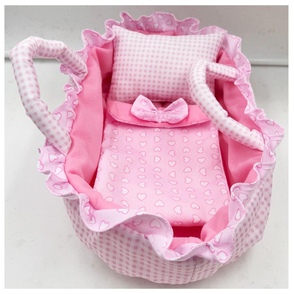 Hand-pull Design Doll Basket Soft Pink Gingham Dollhouse Accessories Ruffled Design Washable Material Pretend Play Toys