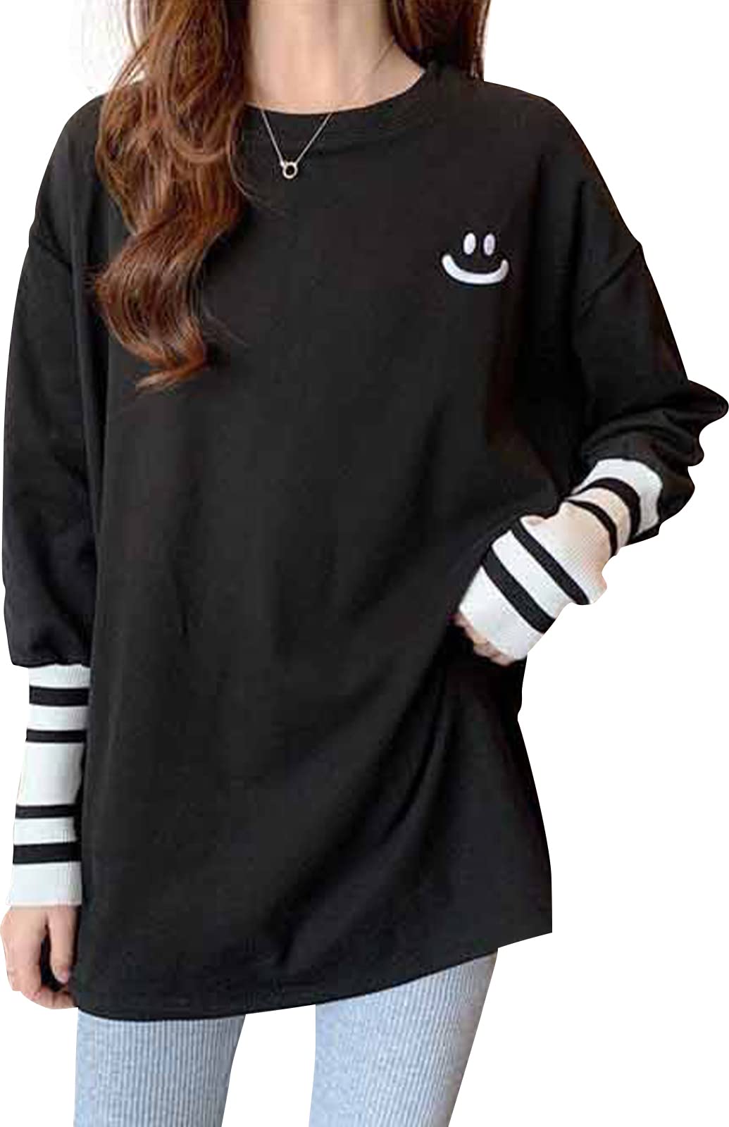 

Футболка туника с длинным рукавом, удлиненного кроя и с круглым вырезом, корейская, с одной точкой, [newNE] [Newne], женский топ, футболка, шить, шея, улыбка, рукав, кант, чёрный