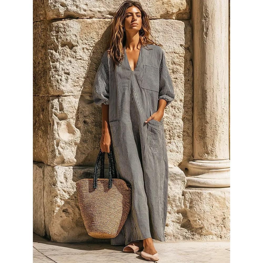 Women s V Neck Puff Three Quarter Sleeve Vertical Stripe Loose Fit Pocket Long Maxi Casual Summer Dress S чёрный