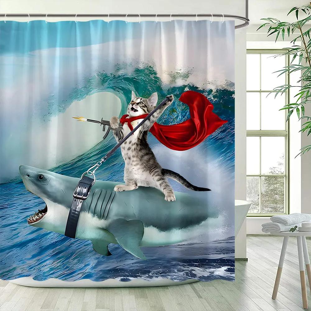 Funny Shower Curtains Cat Riding Shark Ocean Birds Sea Waves Cool Fun Bath Curtain Polyester Fabric Kids Bathroom Decor Sets