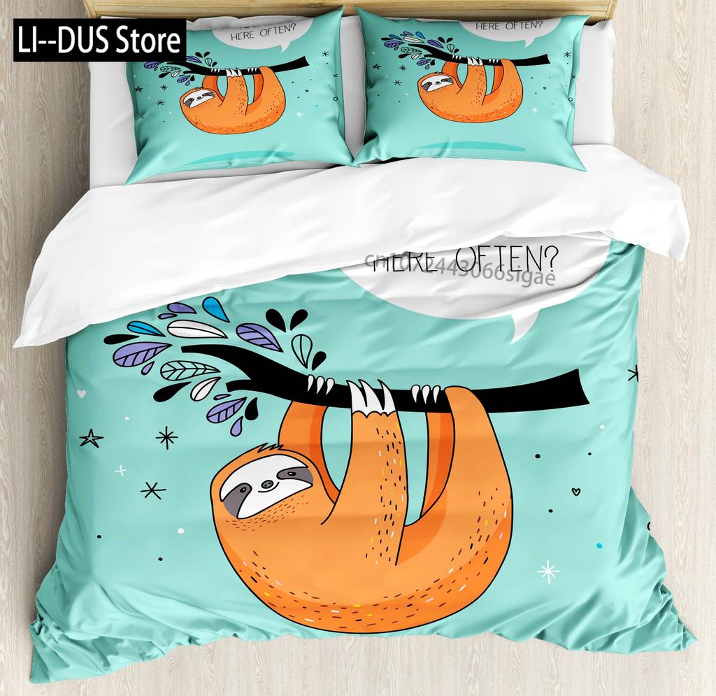 Sloth Duvet Cover Set Cartoon Character Sleeping on Branch Decorative 3 Piece Bedding Set with 2 Pillow Shams Queen Full Size