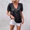 Women T-shirt V-Neck Short Sleeve Shiny Sequins Tee Shirt Loose Fit Summer Sexy Tops Holidays Parties Wear