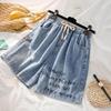 Plus Size Women's Embroidered Denim Shorts - Summer 2026, Loose Fit, Wide Hips, Thick Slimming, Wide-Leg Capri Pants