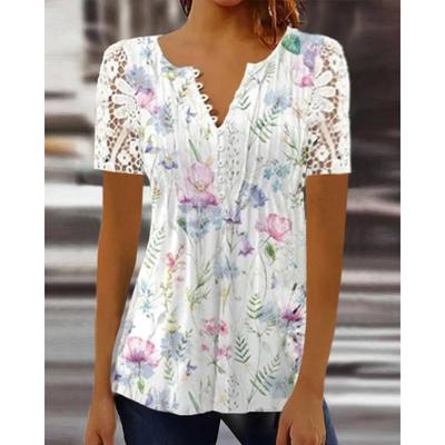 Spring Summer Tops Women's Flower Print V-Neck Lace Patchwork Short Sleeve Pleated Button T-shirt