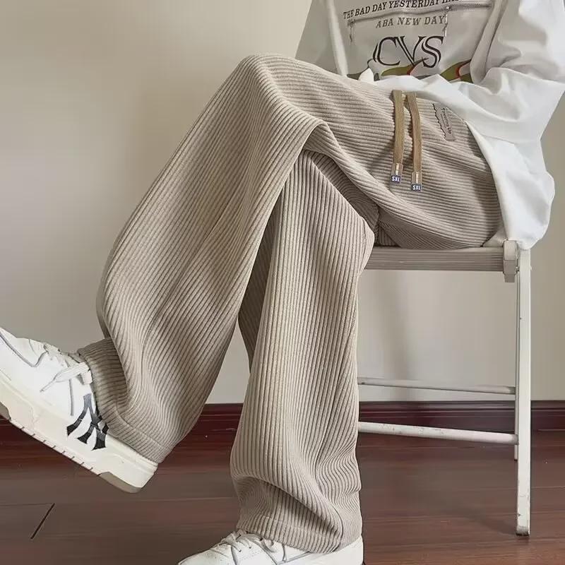 Men's Oversized Plush Corduroy Sweatpants - Thick, Wide-Leg, Straight-Fit Trousers for Autumn/Winter