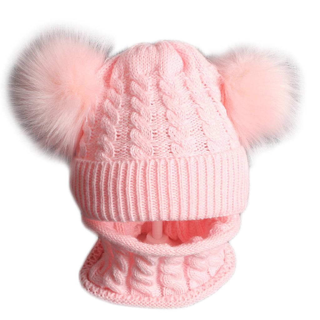 Pink Knitted Baby Winter Beanie with Double Pom Detail