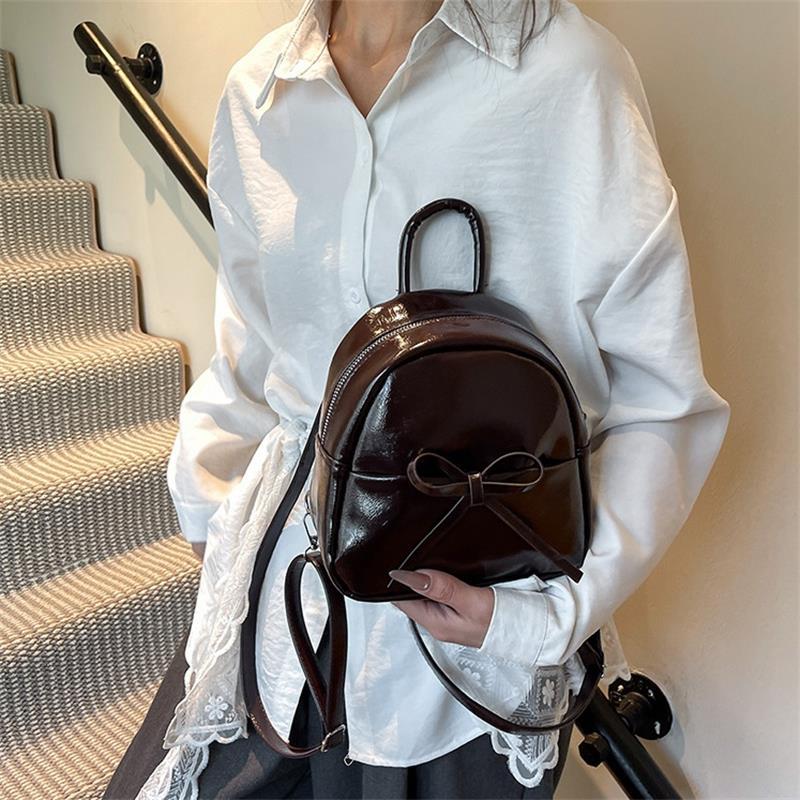 Cute Bow Solid Zipper  Pu Backpack Women'S Simple Waterproof Bag Large Capacity Travel Backpack Girly Student School Bags