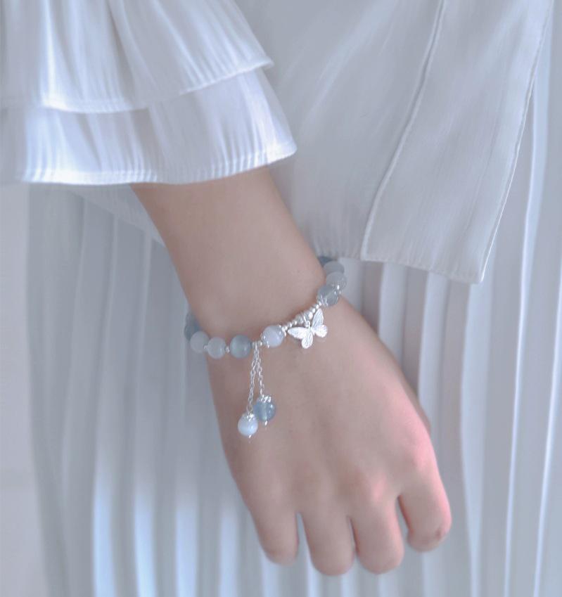 Aquamarine Cat's Eye Crystal Butterfly Bracelet with Sterling Silver and Tassel