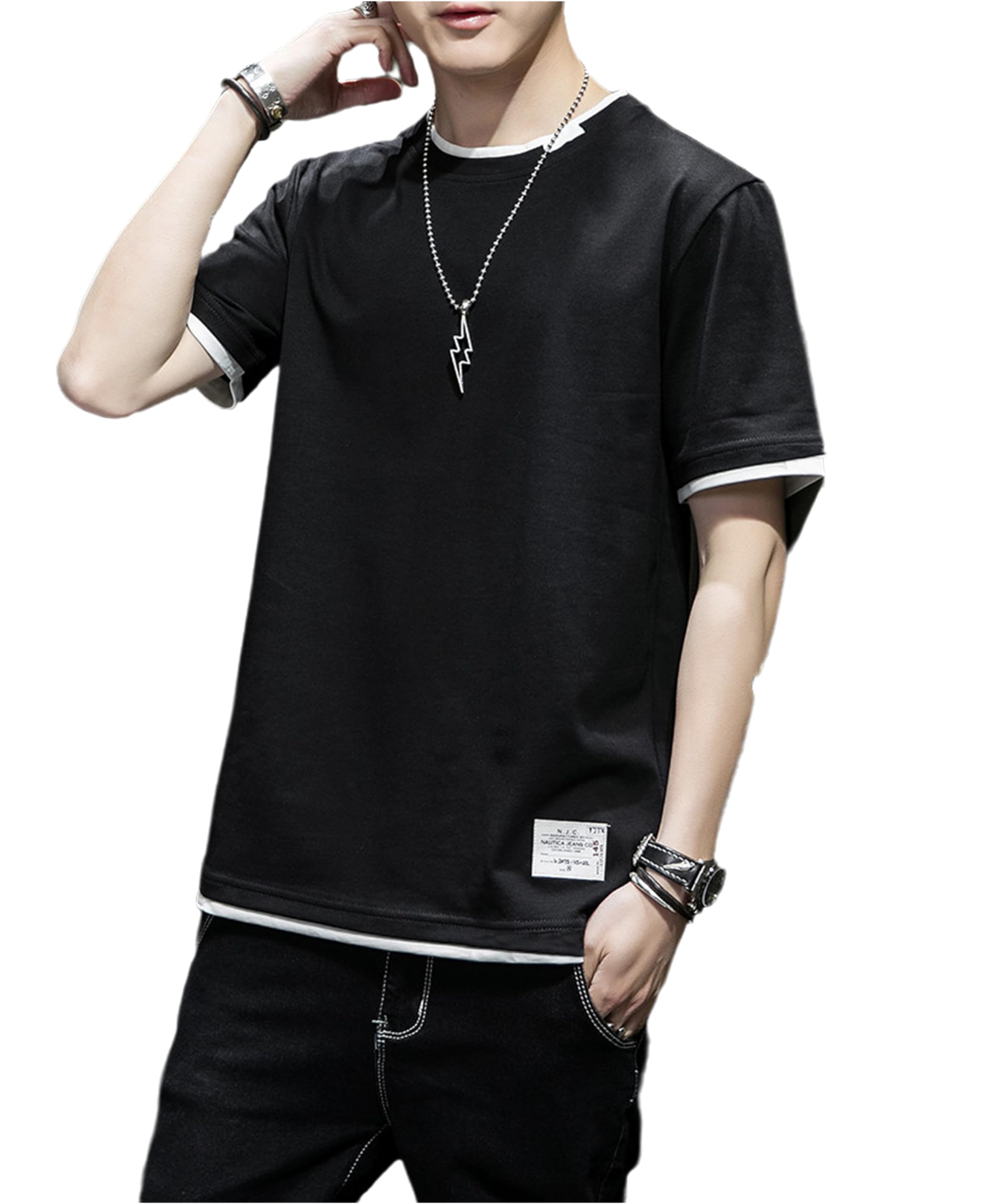 

Летняя одежда с коротким рукавом, простая, большого размера, с коротким рукавом, легкий, мягкий силуэт, стильная, модная [SHANLIANG] мужская футболка M-5XL (2XL, черный)