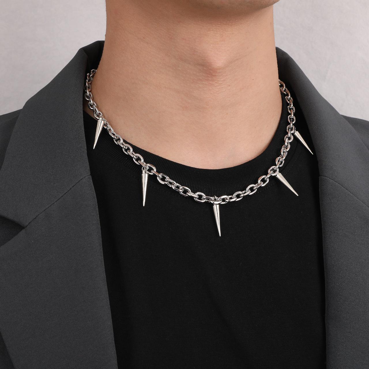 

Men s Hip-Hop Silver Pendant Necklace with Exaggerated Cone Rivet Design Iron Chain