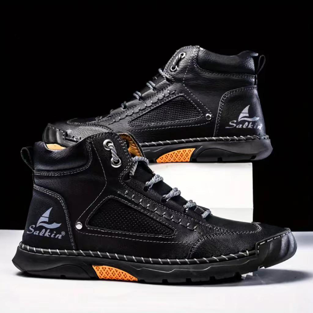 Men's Large PU Leather Hand-Stitched Ankle Boots - Fashionable, Flat Lace-Up Casual Shoes