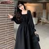 Schwarz Vintage Quadrat Kragen Französisch Blase Hülse Student Lange A-line Weibliche Lose Dünnes Kleid Frauen Party Sommer Maxi Sommerkleid