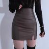Women's High Waist Pencil Mini Skirt Faux Leather Solid Color Side Split PU Short Skirt
