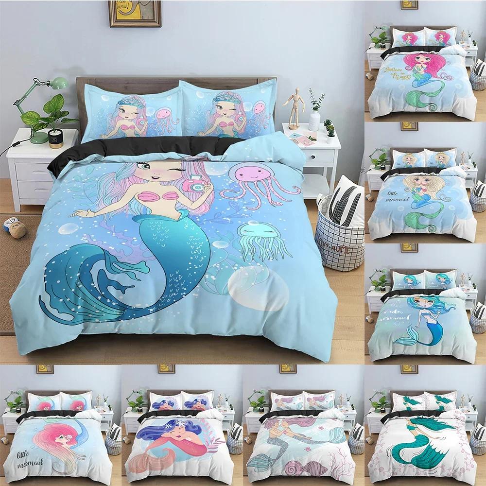 Mermaid Cartoon Pattern Comfortable Duvet Quilt Cover Pillowcase Bedding Set Children Bedroom Decoration Home Textile
