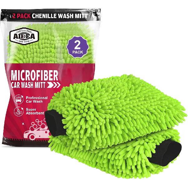 AIDEA Car Wash Mitt Microfiber, 2PK Scratch Free Lint-Free, Premium Chenille Microfiber Mitt Car Wash Brush, Green, Regular Size 7.12  X10.14