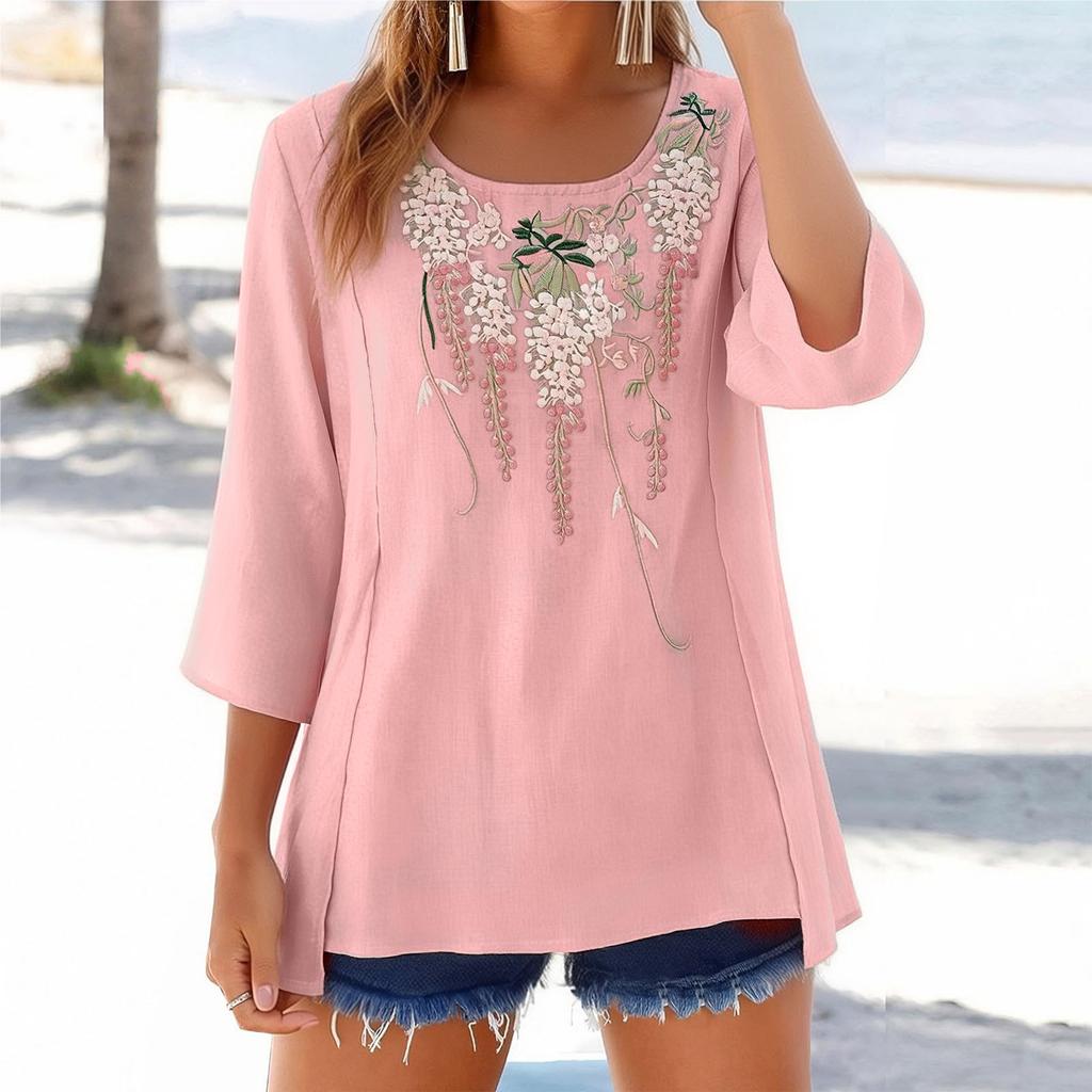 Women's Fashion Loose Casual Summer V-neck 3/4 Length Sleeve T-shirt