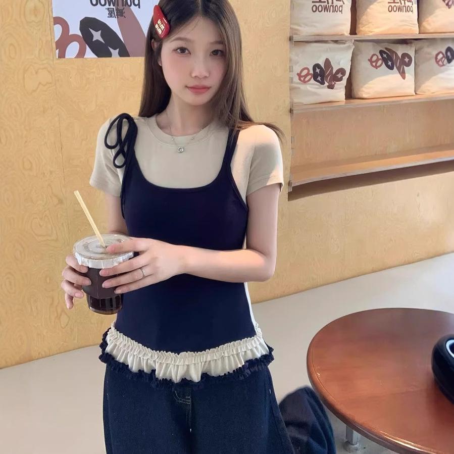 Korean fake two-piece contrasting color long-sleeved T-shirt women's spring waist bottoming shirt with ballet lace top inside