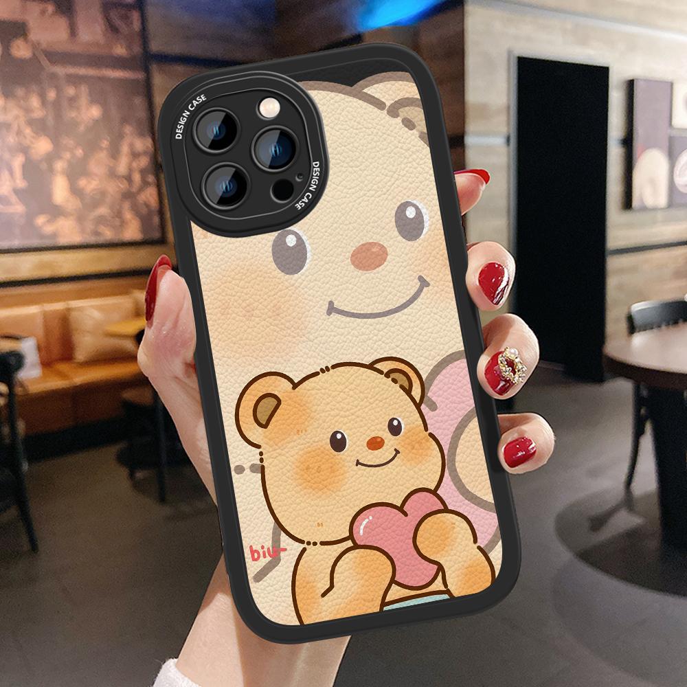 

Мягкий защитный чехол из искусственной кожи с изображением медведя для iPhone 15 14 13 12 11 Pro Max Huawei P30 Pro P40 Lite Vivo Y15 Y18 Y20 Huawei Nova 7 SE чёрный