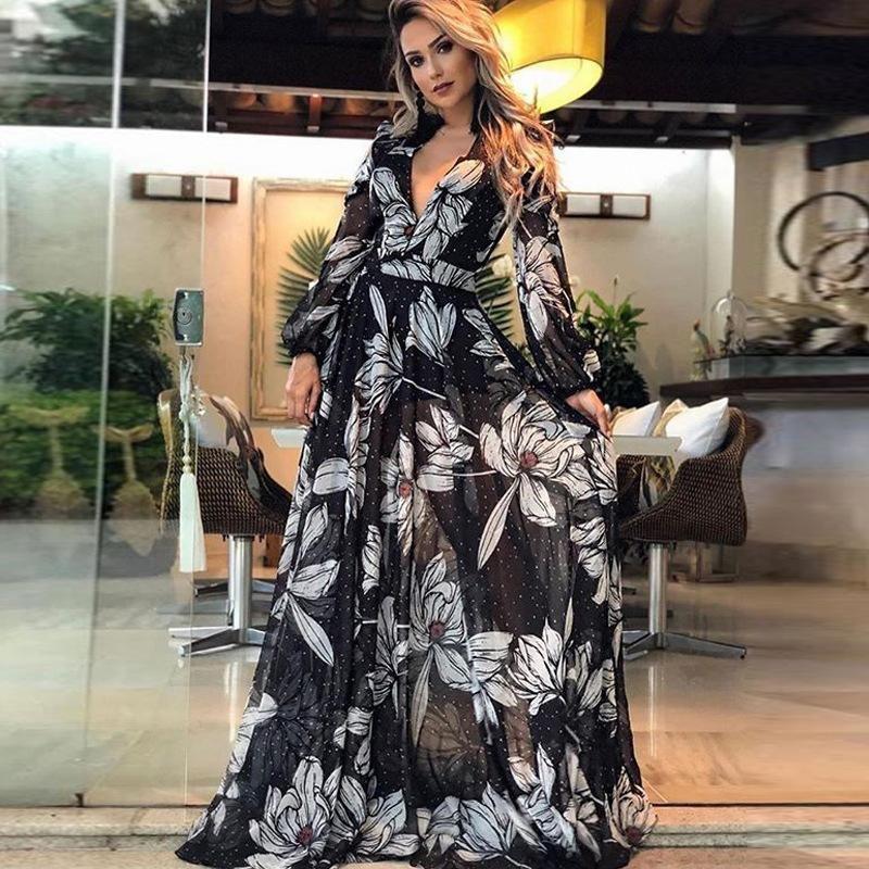 

European and American New Women s clothing dress Sexy Deep V Waist Hugging Long sleeve Print Long dress Black S