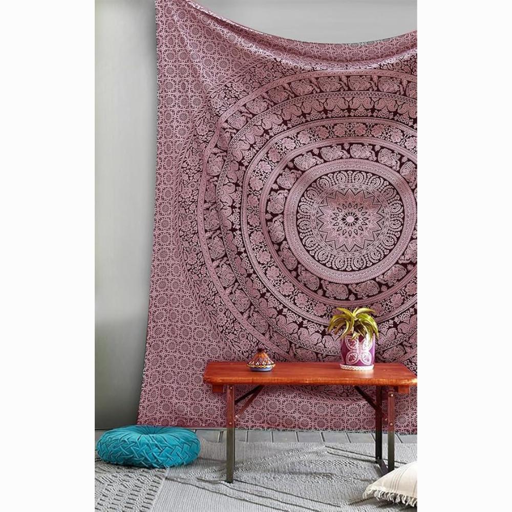 BLESS INTERNATIONAL Handmade Indian Hippie Bohemian Psychedelic Elephant Mandala Wall Hanging Bedding Tapestry (Maroon and Silver)