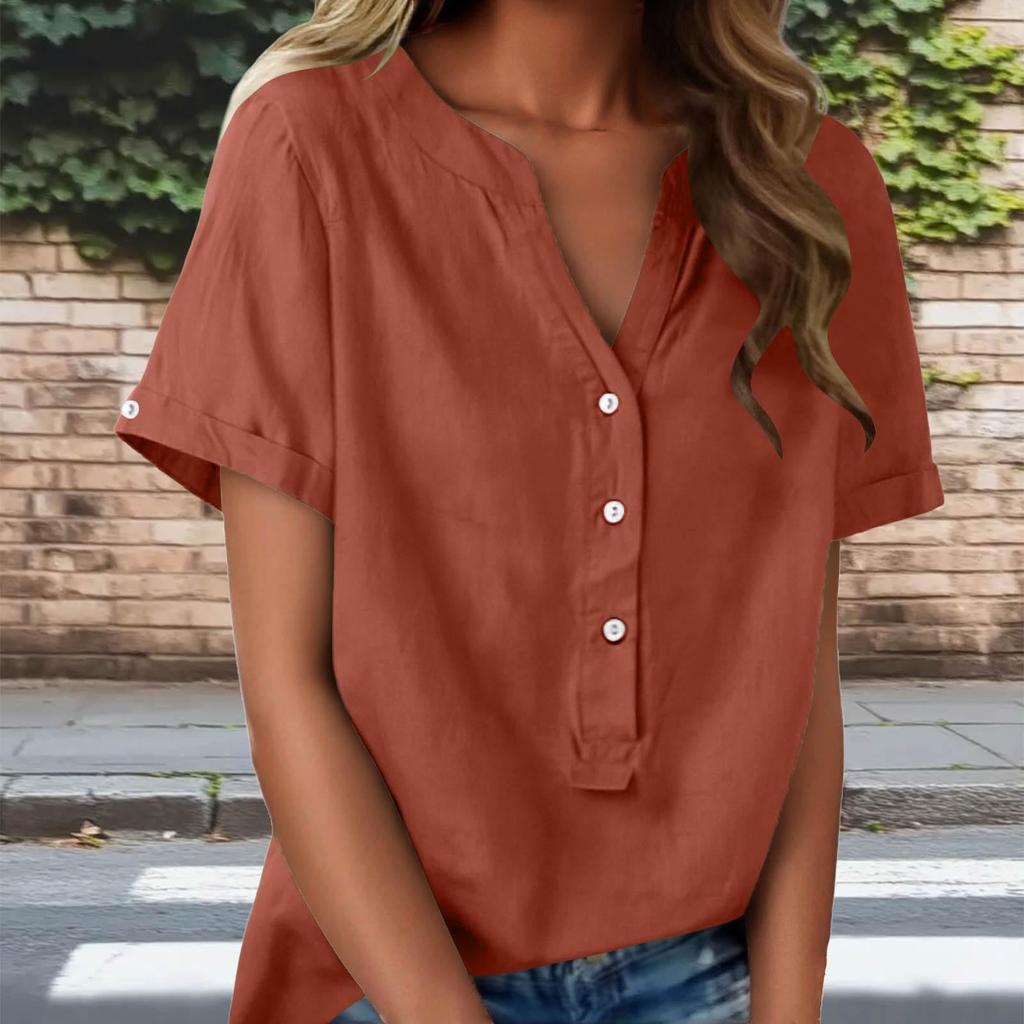 Fashionable Women's Linen V-neck Button Up Half Open Design, Fashionable Short Sleeved Shirt Color Top