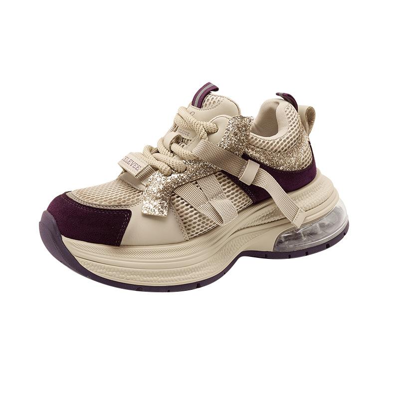 Leather dad shoes women's platform inner height increase splicing mesh sports shoes women's casual lace-up student shoes