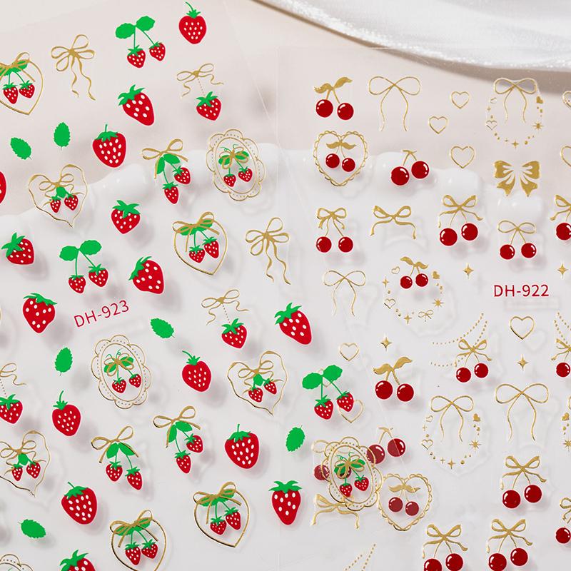 Fresh Sweet Fruits Strawberry Cherry Bowknot Love Heart Bow 5D Nail Art Stickers Self Adhesive Decorations Nail Manicure Decal