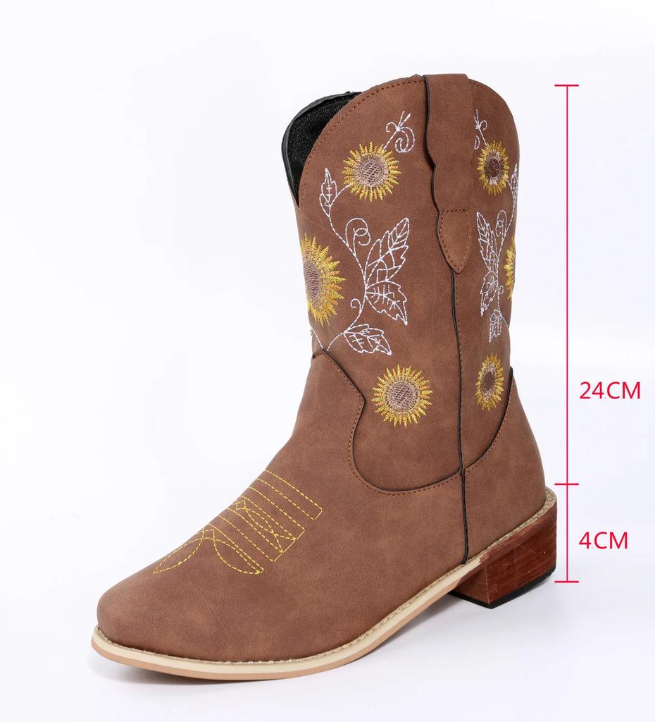 Fashion 2025 Autumn New Women Shoes Fashion Embroidery Flower Pointed Toe Mid Calf Boots Chunky Heels Western Cowboy Boots Botas Mujer