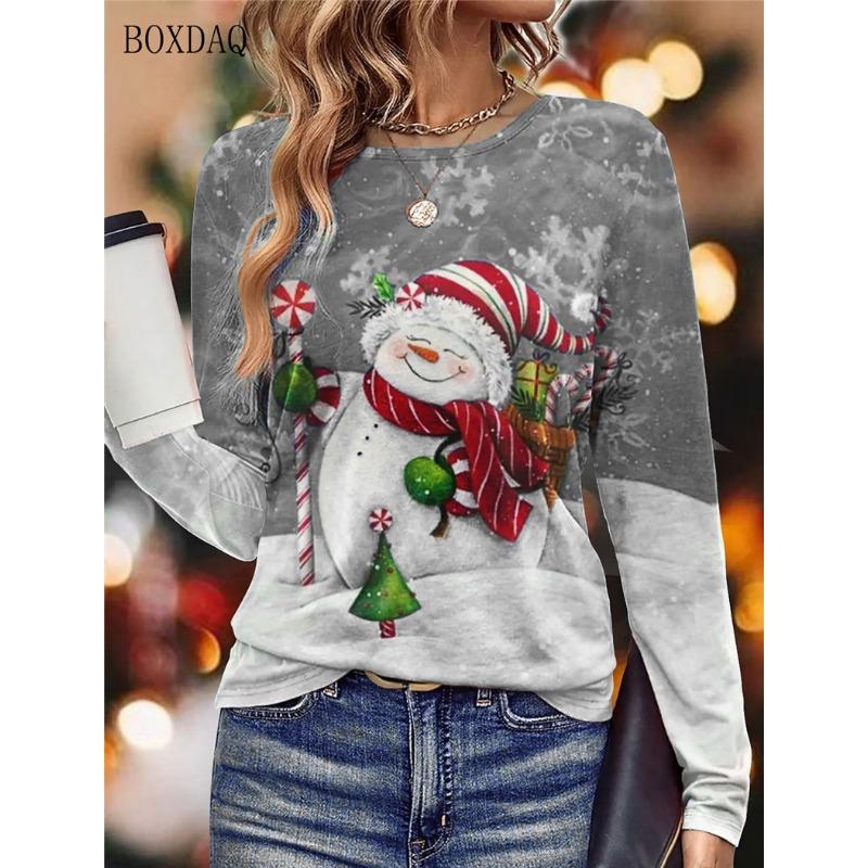Long Sleeve Christmas Snowman Pattern Women T-Shirts Autumn Winter 3d Print