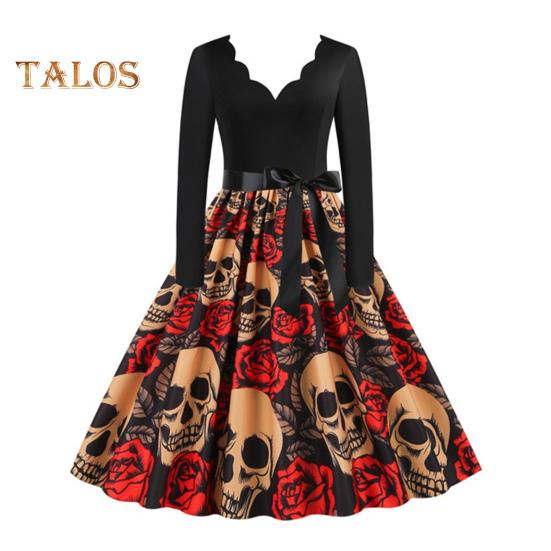 

Женское платье на Хэллоуин, А-силуэт, большой качели, череп, принт, шнуровка, бант, пояс, волнистый V-образный вырез, плиссе, длинные рукава, карнавальное платье для вечеринки XXL