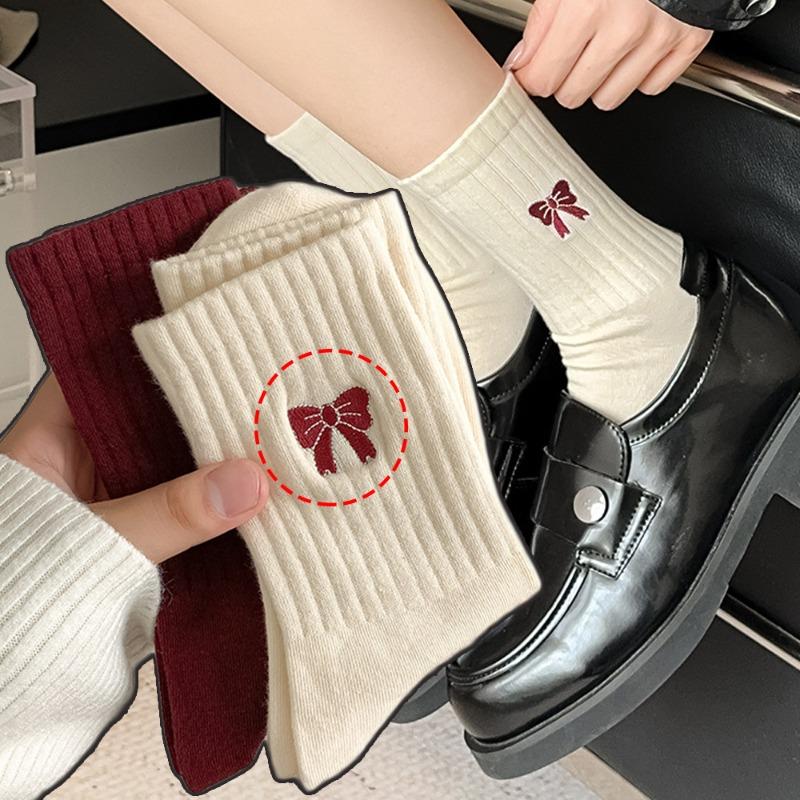 Women New Red Lovely Bow Mid-tube Beauty Korean Fashion Academy Style Boneless Pile Cotton Comfort Ins Sock Autumn Winter Socks