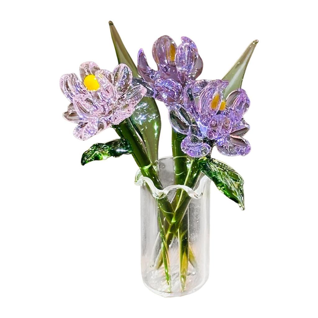 Glass Flowers Figurine with Vase Gifts Home Decorations Office Home Decor Bouquet Gift for Girlfriend Mom Women Birthday Wedding
