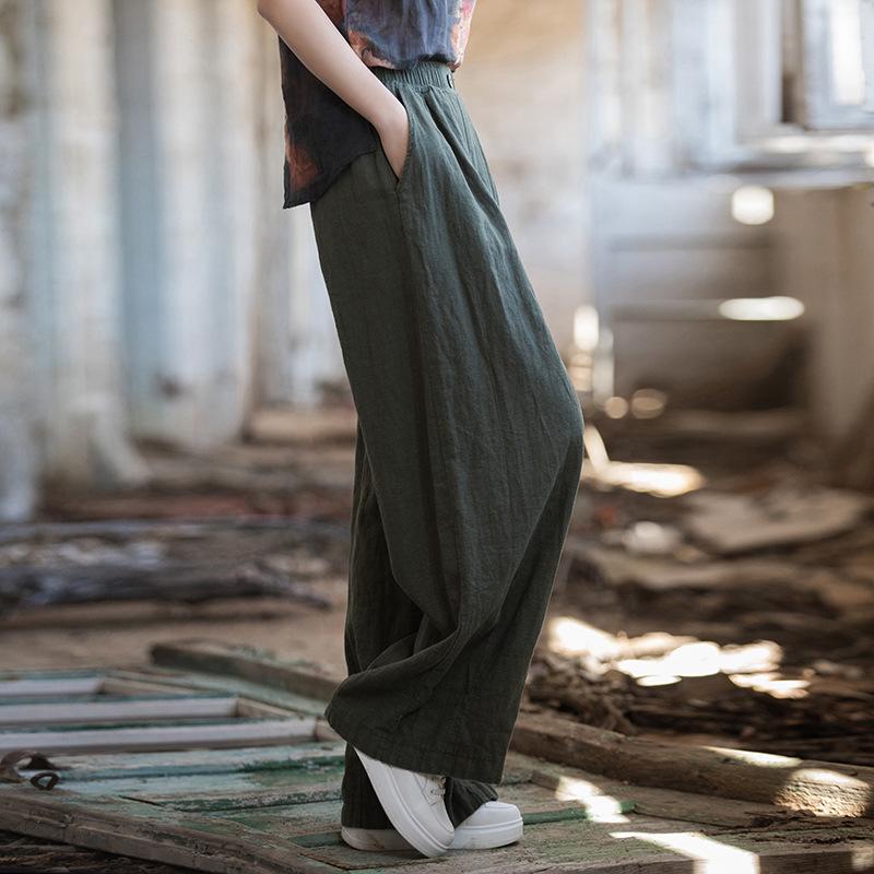 Ramie Cotton Women's Loose Casual Sand Wash Pants - Spring 25 Linen Straight Leg Long Pants 