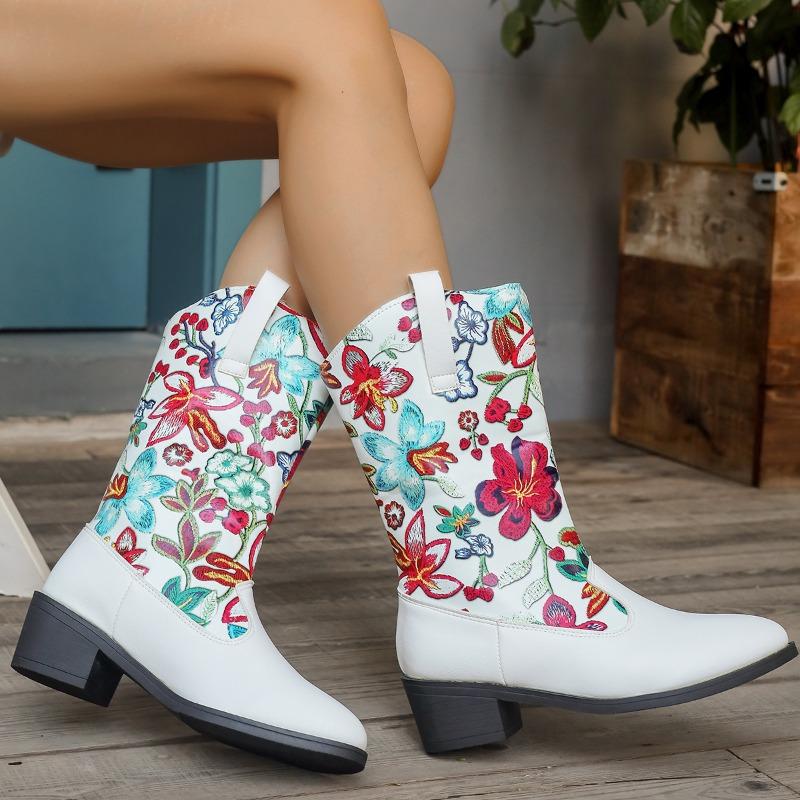 New round head embroidered flower medium tube fashion boots women's large size splicing Martin boots women