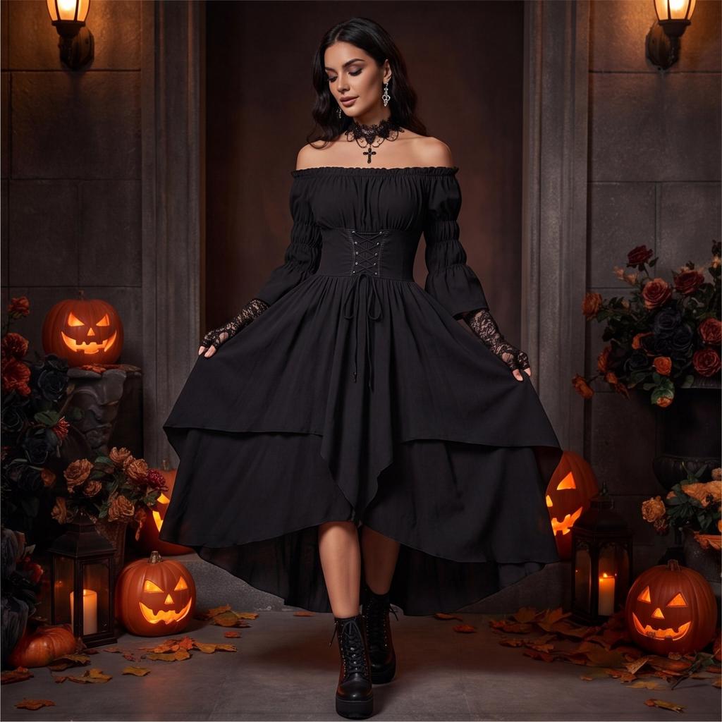 Damska Średniowieczna Renesansowa Gotycka Sukienka Odkrywająca Ramiona Korsetowa Talia Długi Rękaw Rozszerzany Rękaw Warstwowy Dół Styl Vintage Kostium Sukienka na Halloween