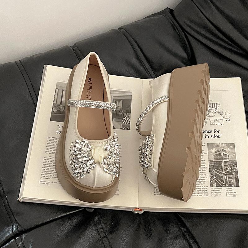 Bow rhinestone one-word buckle Mary Jane shoes women's fashion platform casual height increase single shoes women's shoes