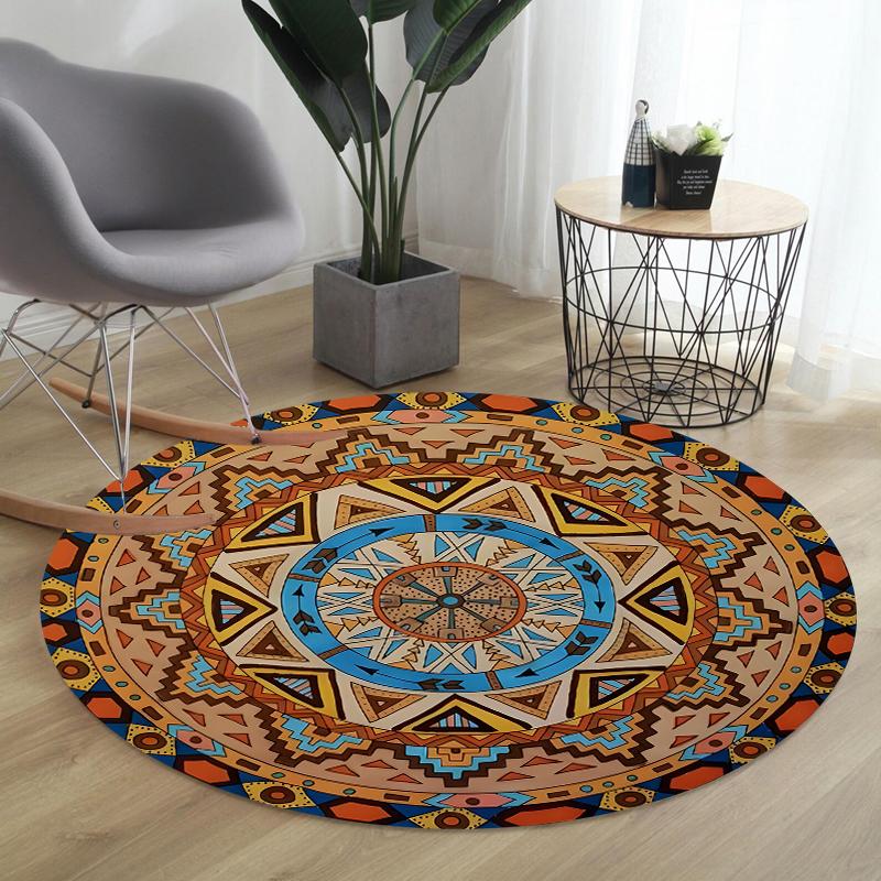 Bohemian Tribal Pattern Round Rug Collection Non Slip Wear Resistant Soft Washable Living Room Bedroom Decor Rug