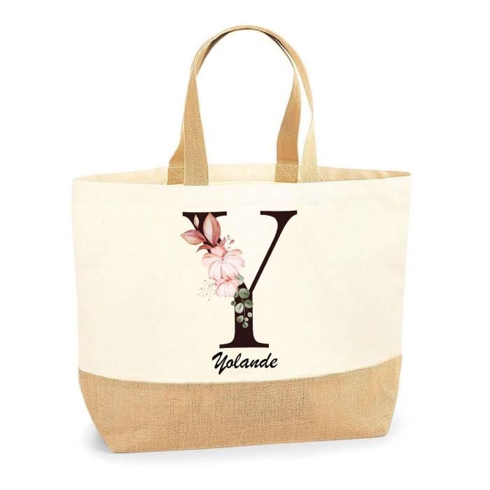 Tote bag - PLANETEE - Yolande Lettre Fleur - Jute naturel - Multicolore - Fabriqué en France