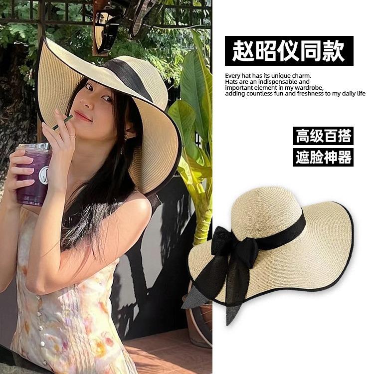 Straw hat women's sun protection summer oversized brim sunshade beach hat vacation foldable streamer bow hat women