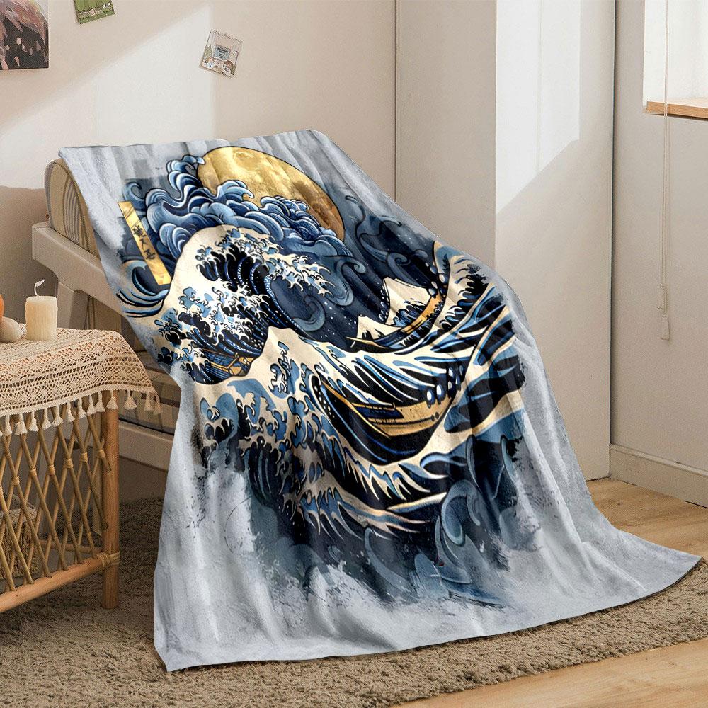 Golden Moon and Japanese Great Waves Print Blanket Soft and Cozy Perfect for the Living Room Bed Sofa or a Nap,gift