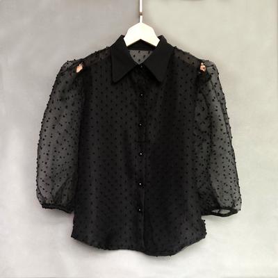 Spring and Summer Women's Sexy See-through Lantern Mid-sleeve Stand-up Neck Top