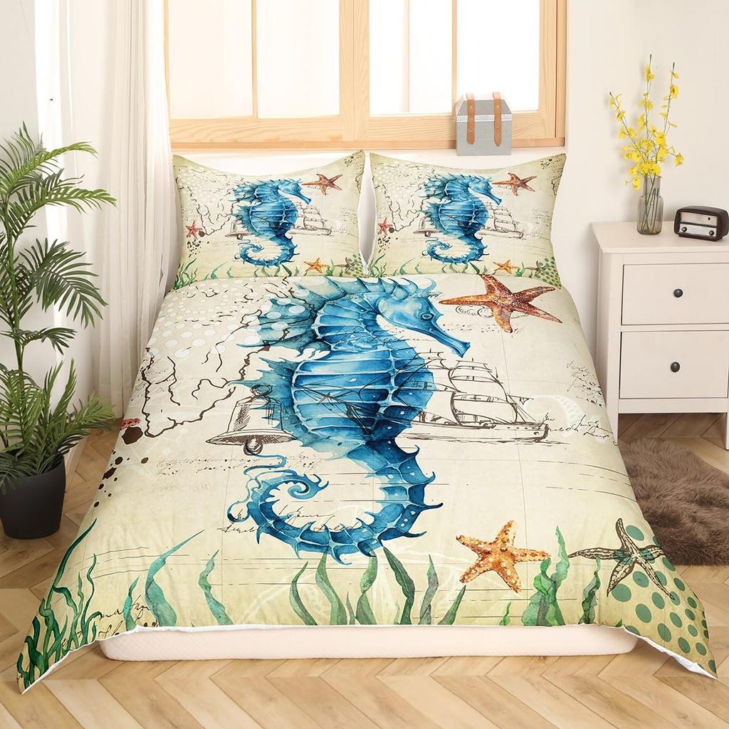 Erosebridal Mermaid Tail Comforter Cover,Kids Fish Scales Duvet Cover Twin,Girly Shell Starfish Bedding Set Ocean Life Sea Animal Bed Sets P