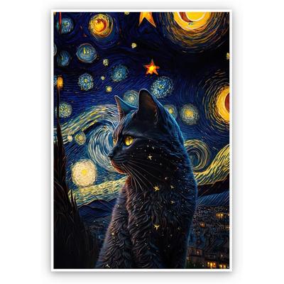 Night Sky Cat Oil Painting Retro Decorative Art Abstract Aesthetics Canvas Painting Poster Frameless Core