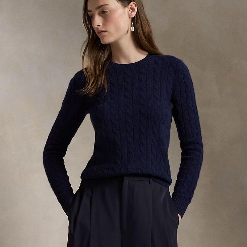 

Sunshine House Autumn and Winter Foreign Trade Fashion Classic Cable Stitch round Neck Pullover Women s Sweater Wool + Cashmere Sweater Dark blue L: Bust size 102
