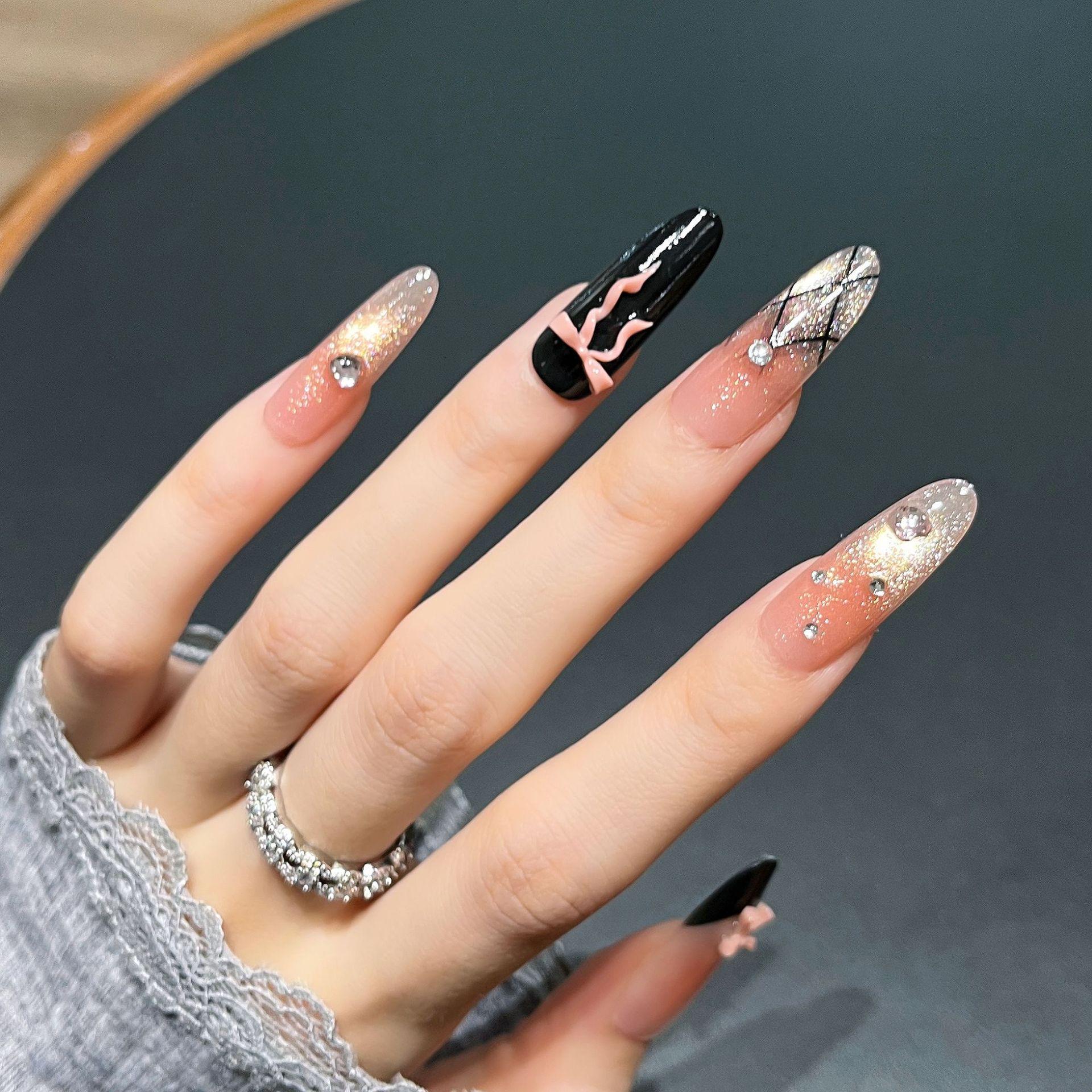 Detachable Cat Eye Long Oval Nail Tips with Black Line Bagged XS