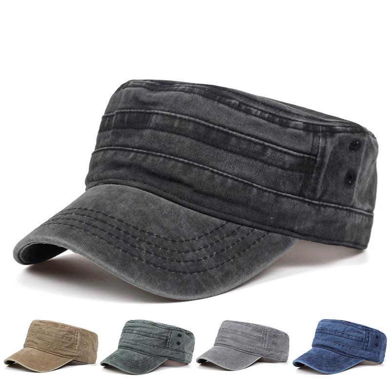 Vintage Washed Cotton Military Cap For Men Retro Distressed Cadet Hat Adjustable Flat Top Army Cap For Outdoor Hiking Travel