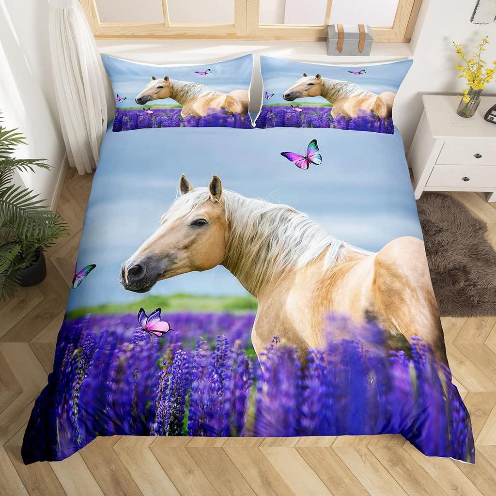 Comforter Horse Cherry Blossom Branches Lavender Purple Bedding Sets Galloping Horse Comforter 2/3Pcs